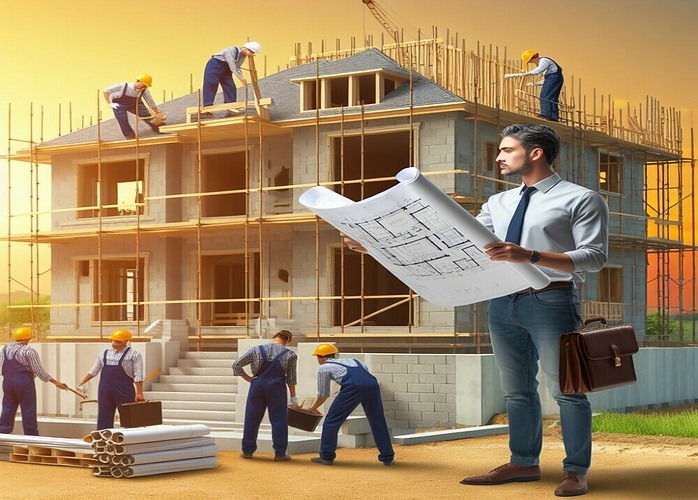 Someone reading a blueprint while workers build a large house
