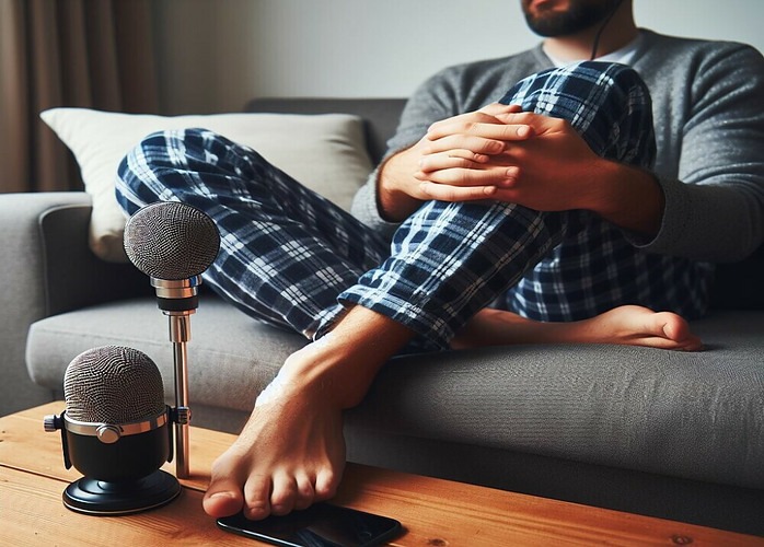 Person recording a podcast in pajamas on the couch